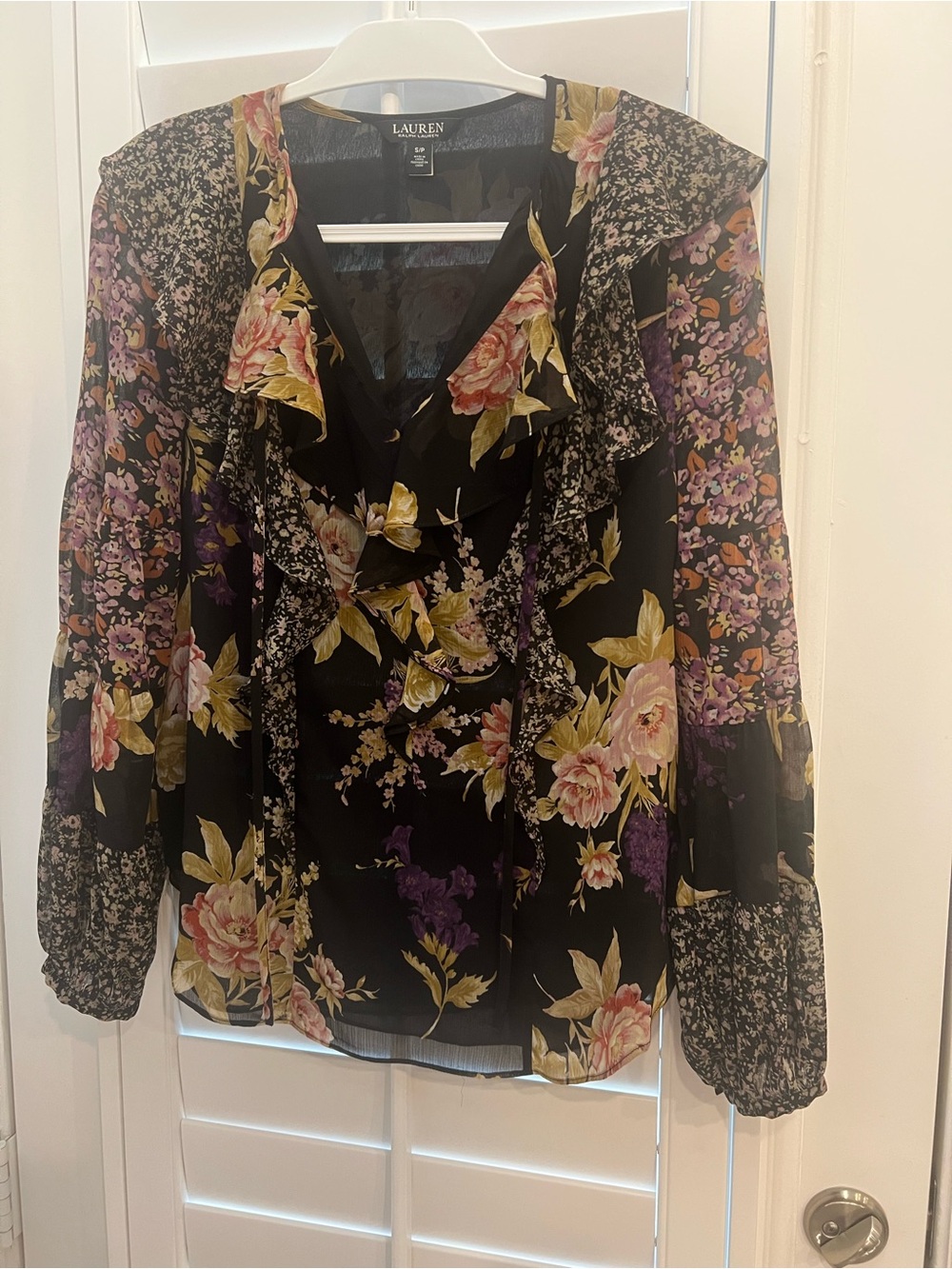 Ralph Lauren Black Floral Ruffle V-Neck Blouse